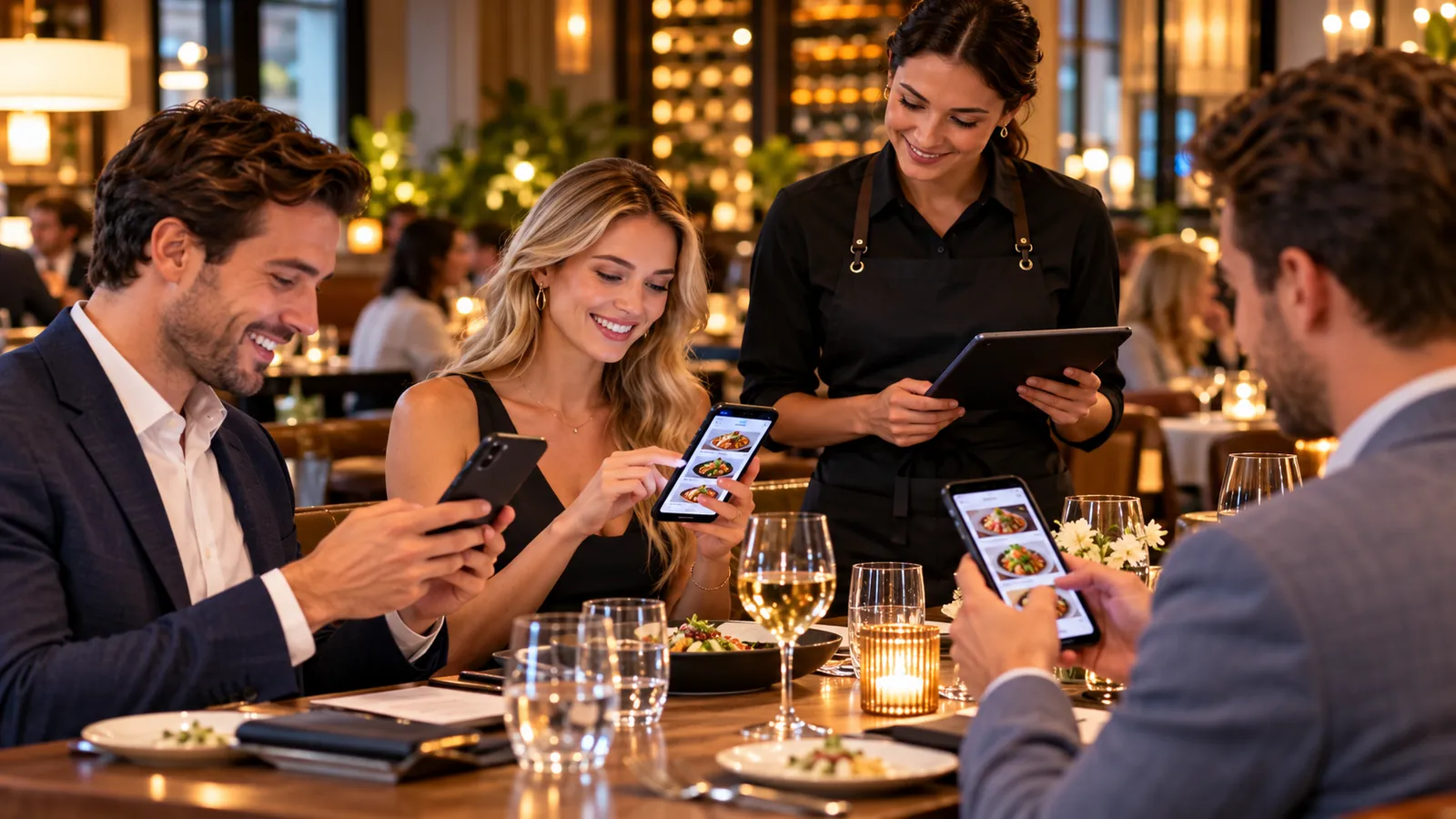 Guests using a mobile restaurant menu with staff nearby
