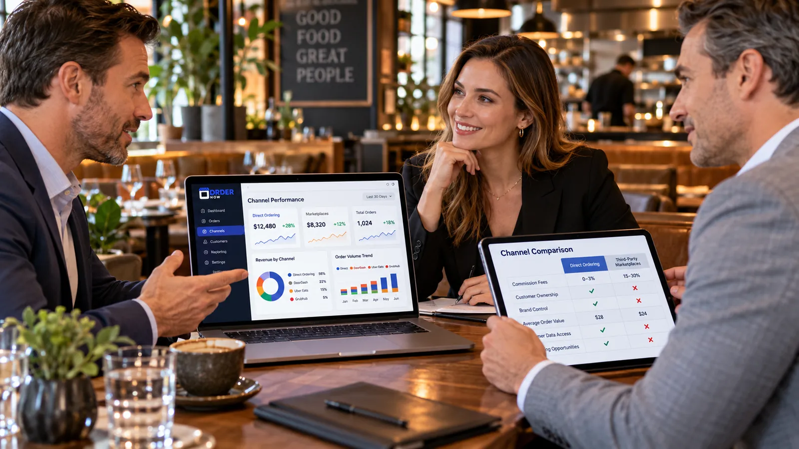 Restaurant management reviewing online-order channel economics