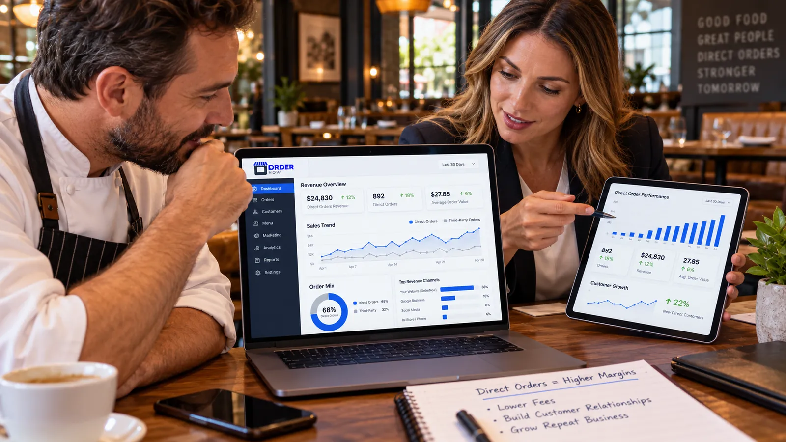 Restaurant franchise leadership reviewing multiple outlet performance