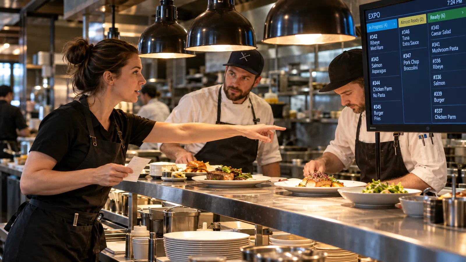 Restaurant team training on a kitchen display system before service