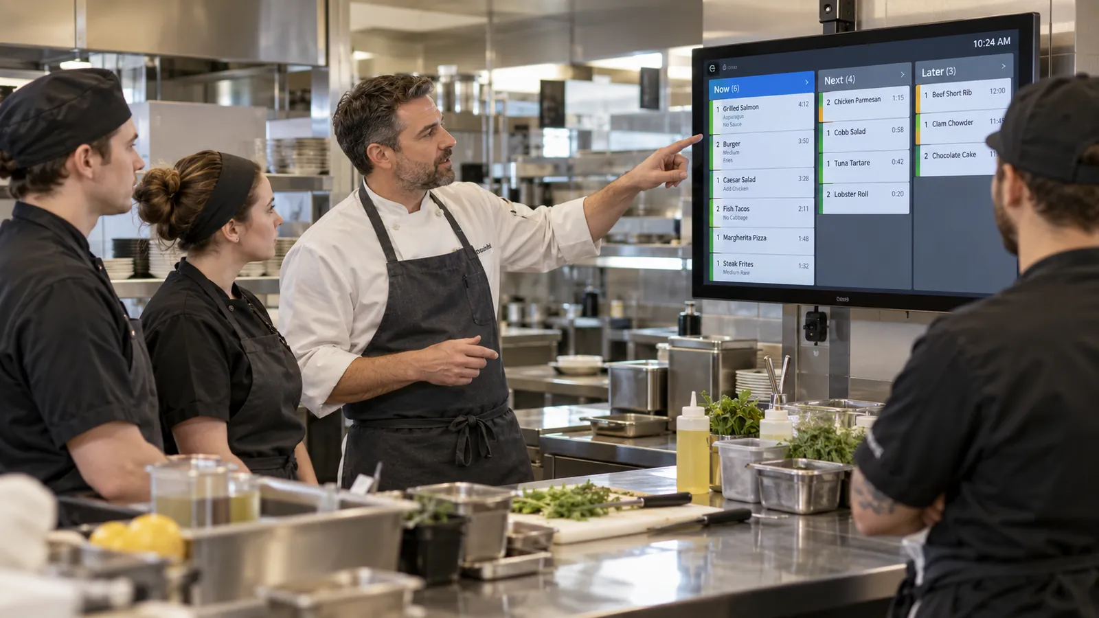 Restaurant kitchen team using a KDS during service