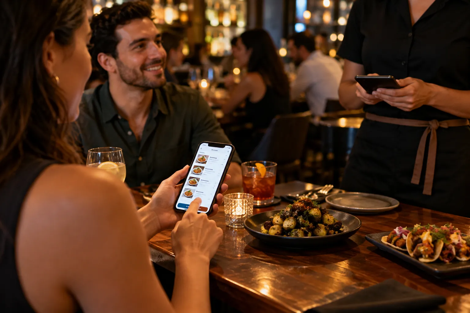Guest placing a restaurant order while staff monitor incoming orders