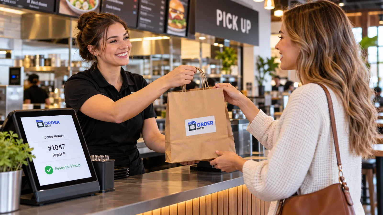 Restaurant manager organizing pickup and dine-in orders