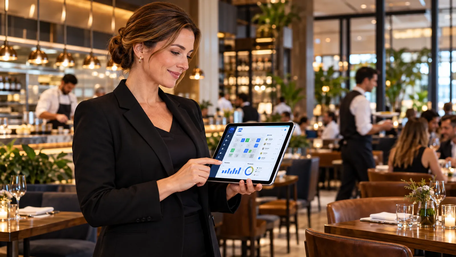 U.S. restaurant manager using restaurant software during service