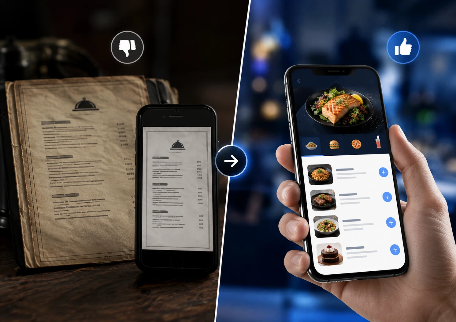 Old printed menu compared with modern interactive digital menu experience