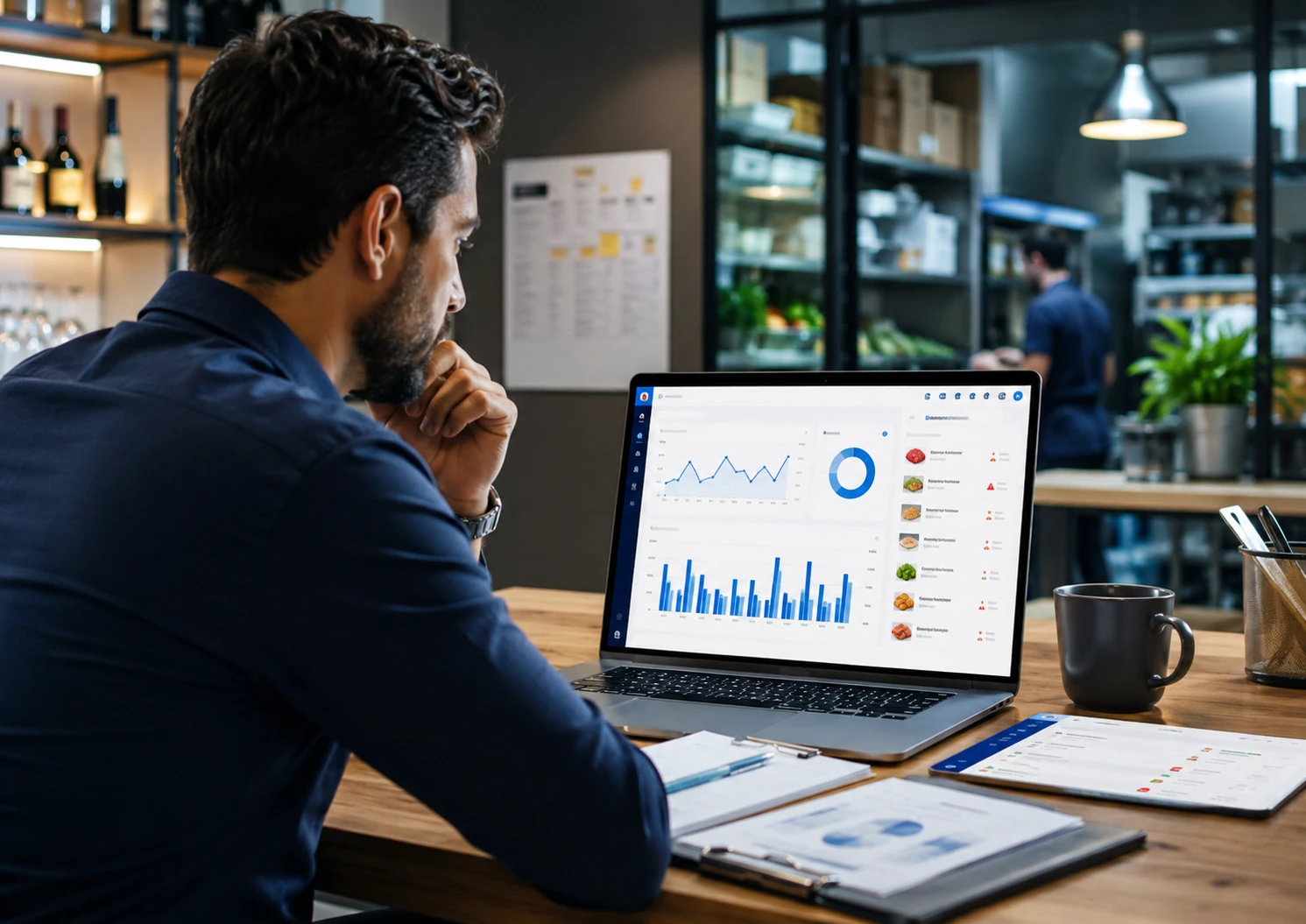 Restaurant owner viewing analytics inventory and sales reports