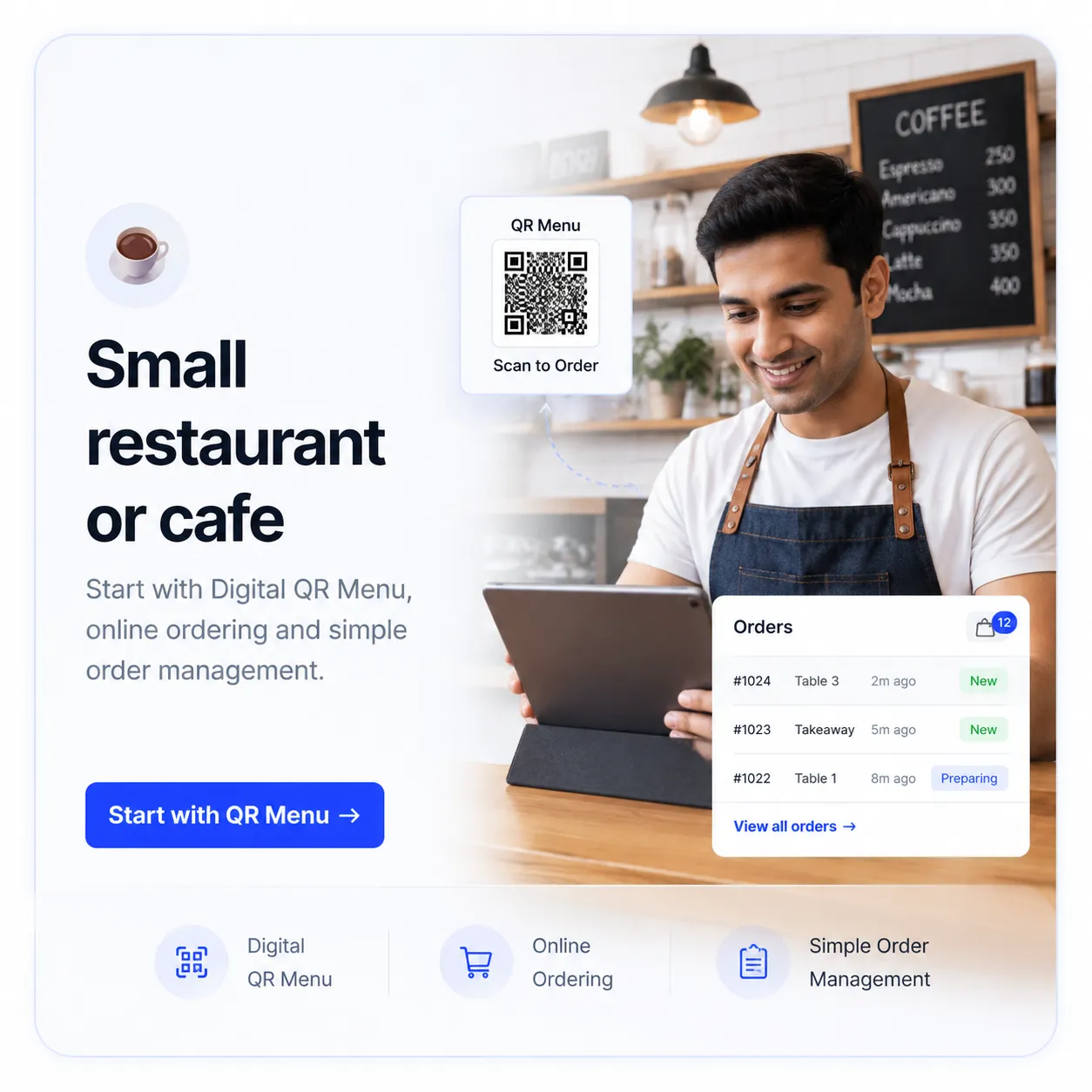Digital QR Menu and fast ordering system for small cafes and coffee shops