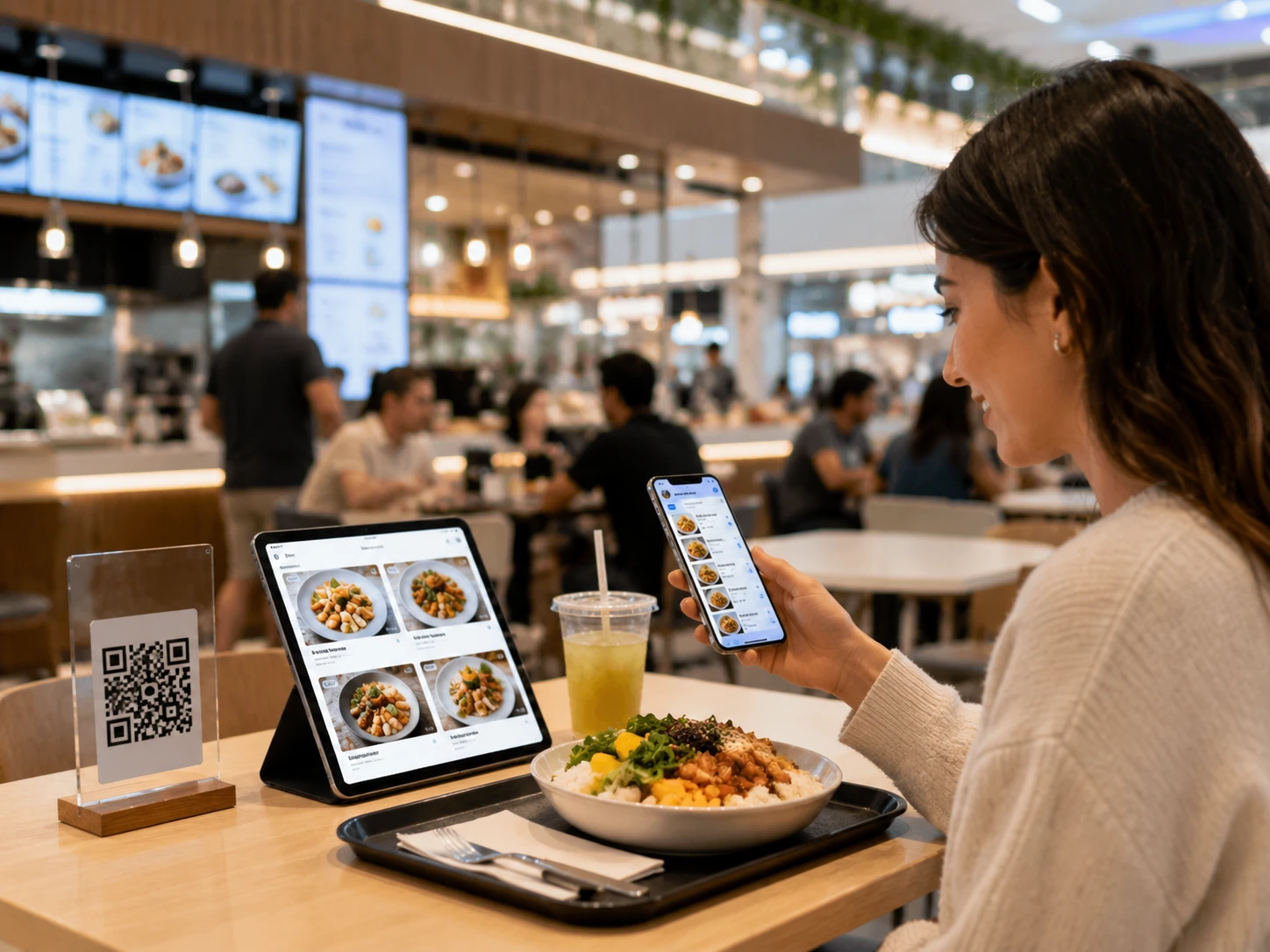 Food court customer ordering through a QR menu
