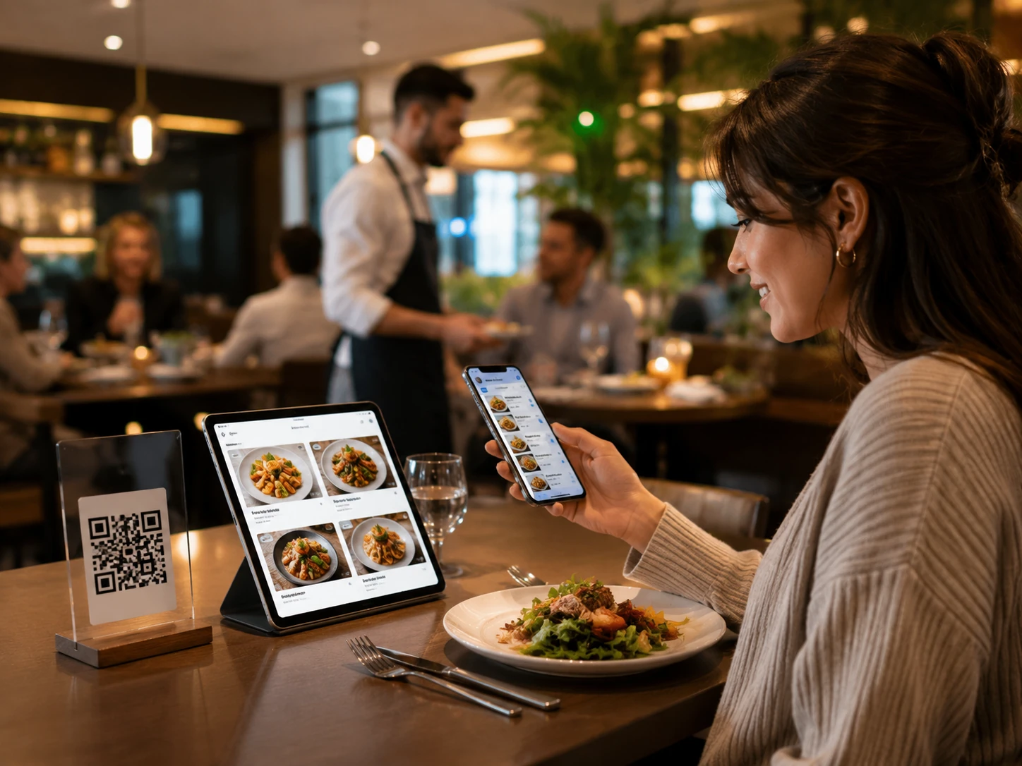 Guest using QR menu inside a modern restaurant