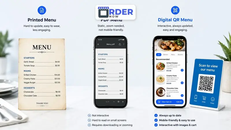 Printed, PDF and interactive QR menus serve different purposes and should be judged by usability and update requirements