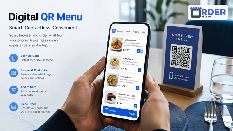 A scan-to-order workflow carries item choices and service context from the guest to the restaurant team