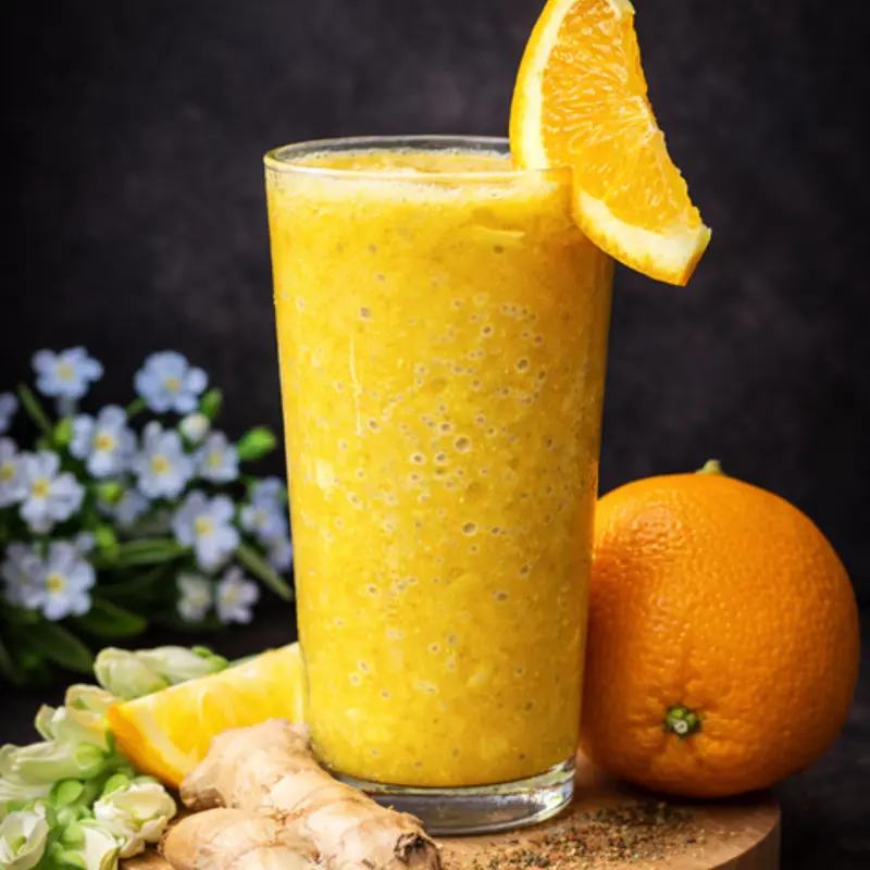 Bright, tangy orange freshly made juice invigorated with warm, spicy ginger punch—sweet, refreshing, zingy.