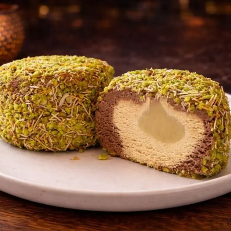 *** Please consume frozen for a better experience *** Italian chocolate and pistachio gelato with a luscious pistachio heart, hand-crafted in a golden kadayif and pistachio crumble