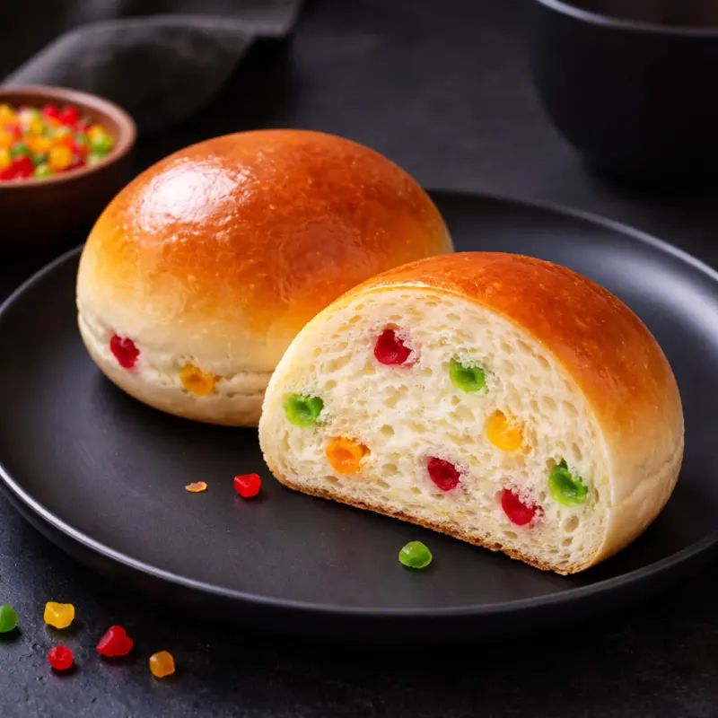 Soft, fluffy sweet bun baked to a golden finish, delicately studded with bits of colorful tutti frutti for a light fruity sweetness in every bite.