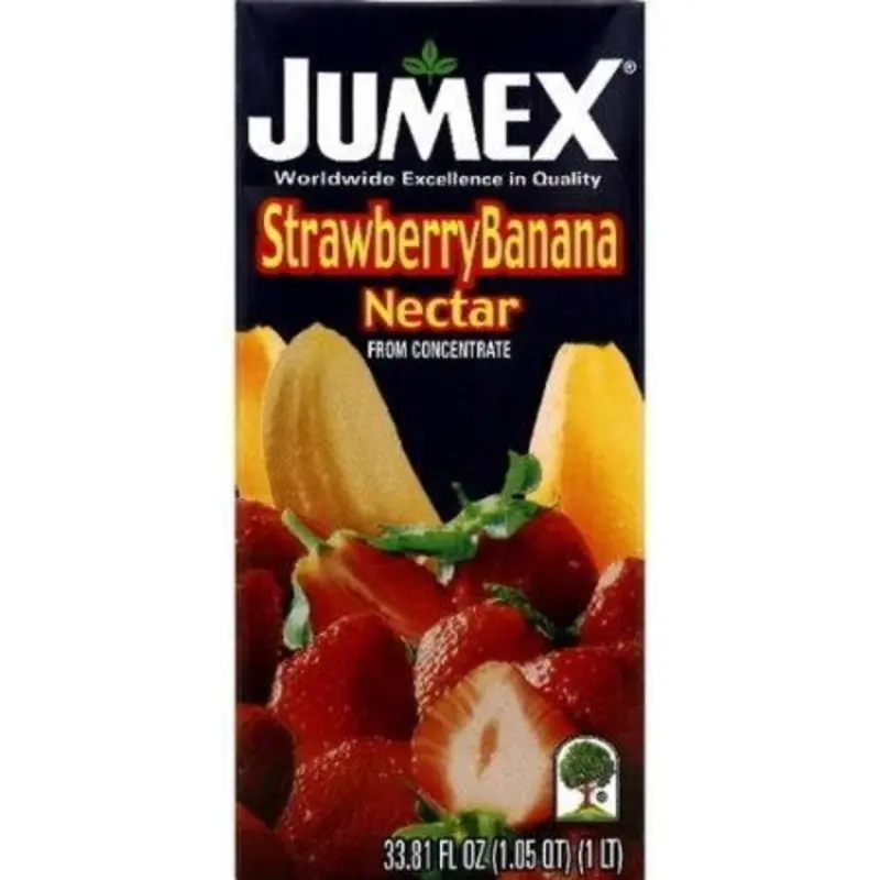 Jumex Strawberry & Banana Nectar is a refreshing fruit drink that combines the sweet taste of strawberries with the creamy flavor of bananas. It's a smooth and enjoyable beverage that's perfect for a quick pick-me-up or to enjoy with your meals.