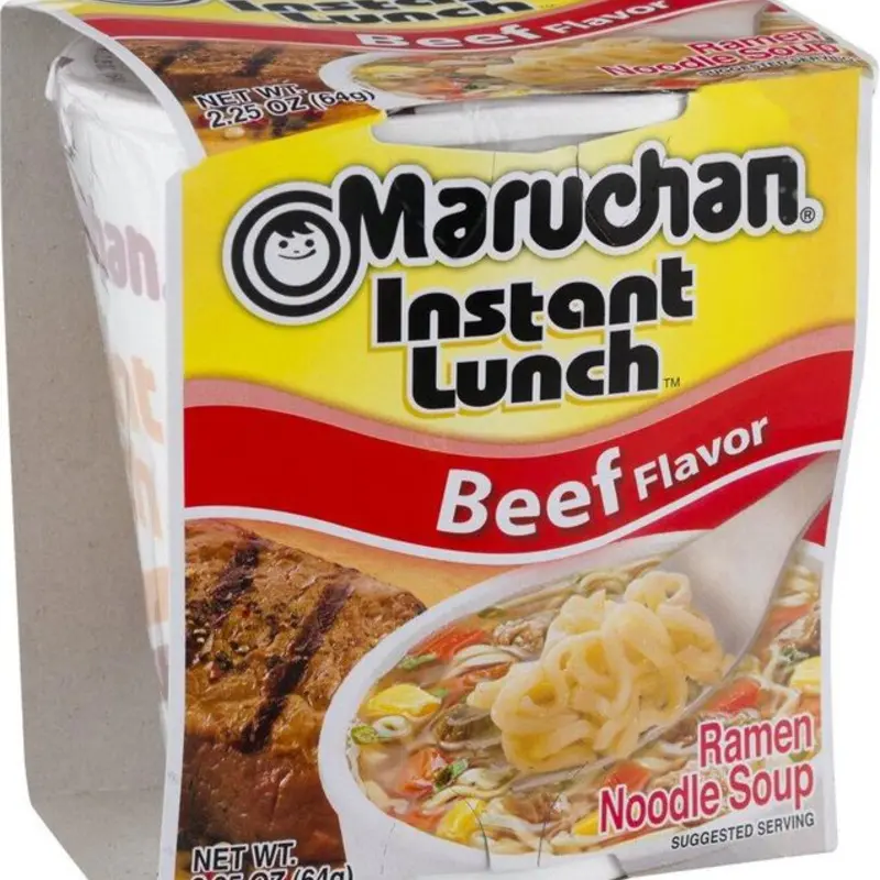 Maruchan Instant Lunch Beef is a convenient cup of noodles that makes a quick and easy meal option. Just add hot water, and in minutes you'll have a savory beef-flavored noodle soup.