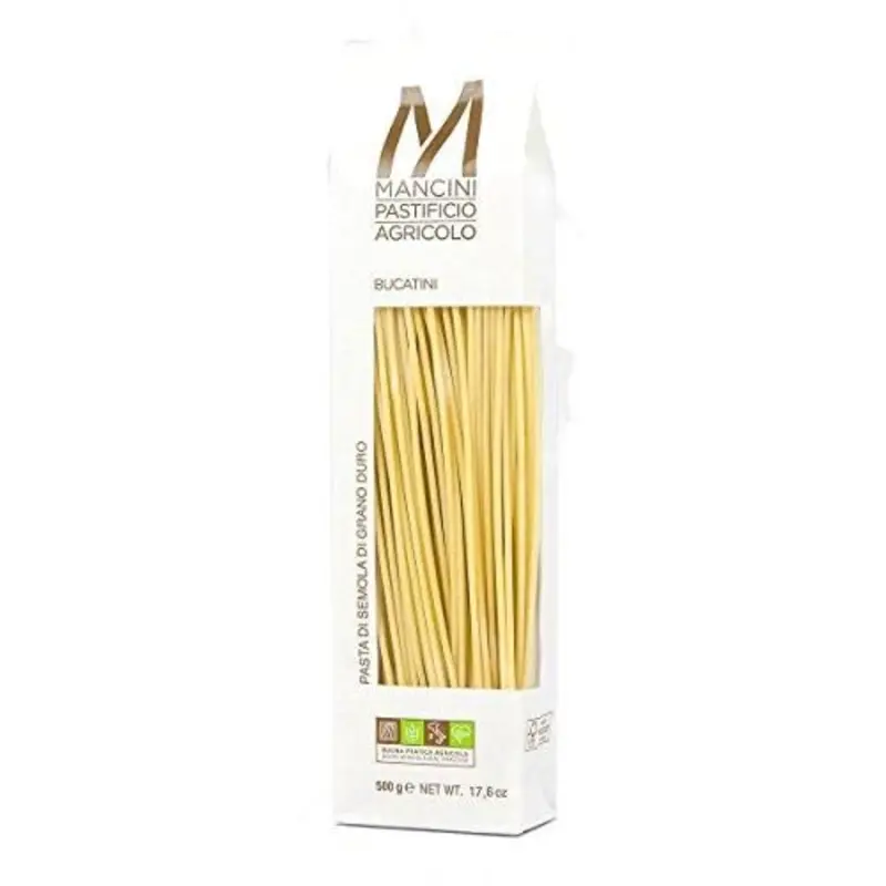 Mancini Bucatini is a type of pasta that looks like thick spaghetti but has a hollow center. It's great for holding onto sauces, making it perfect for hearty and rich dishes. at Fat Sal's Italian Specialities 791 US-9 | Toast