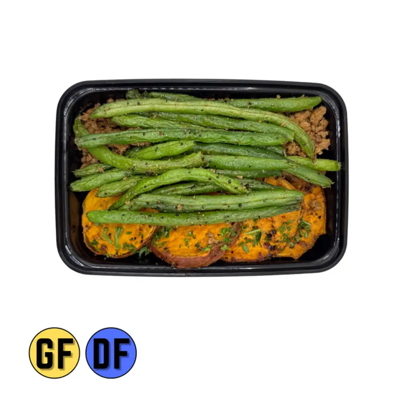 Cal:360 Protein:24 Carb:31 Fat:18 Sodium:1040 Seasoned ground turkey served alongside roasted sweet potato rounds and crisp green beans, finished with garlic, herbs, and a subtle kick of heat for a perfectly balanced meal! GLUTEN FREE DAIRY FREE