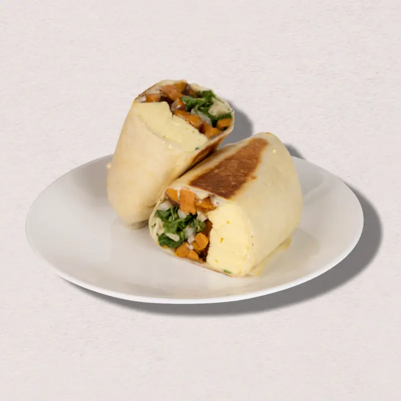 sweet potato, marinated onion, arugula, baked egg, american cheese, maple & garlic mayo, flour tortilla at Prova | Toast