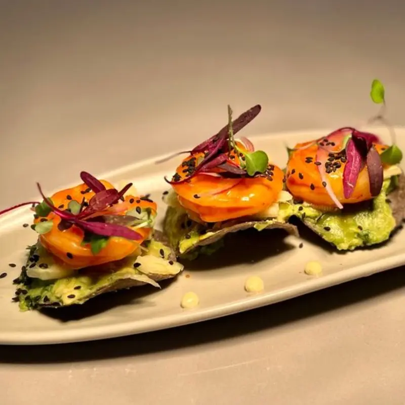 Blue Corn Aguachile Shrimp & Pineapple Tostada