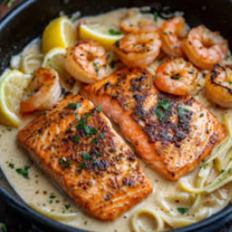 Cajun Salmon and shrimp Alfredo Fettuccine